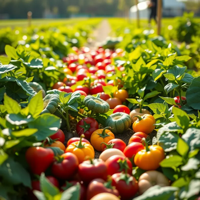 A picturesque sunlit field brimming with vibrant vegetables and fruits.