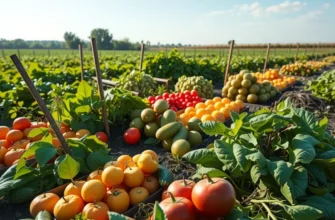 A sunlit field filled with lush vegetables and fruits growing naturally.