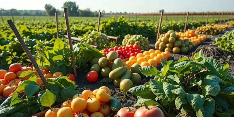 A sunlit field filled with lush vegetables and fruits growing naturally.