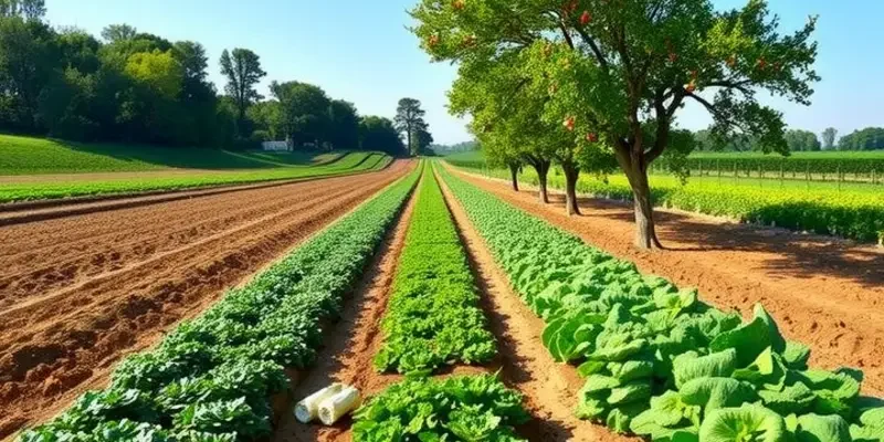 A sunlit field showcasing an abundance of vegetables and fruits highlighting freshness and nutrition.