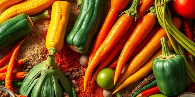 A photorealistic landscape illustrating a vibrant field filled with fresh organic produce under warm sunlight.