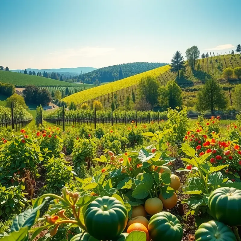 A sunlit field showcasing vibrant vegetables and fruits, symbolizing abundance and healthy nourishment.