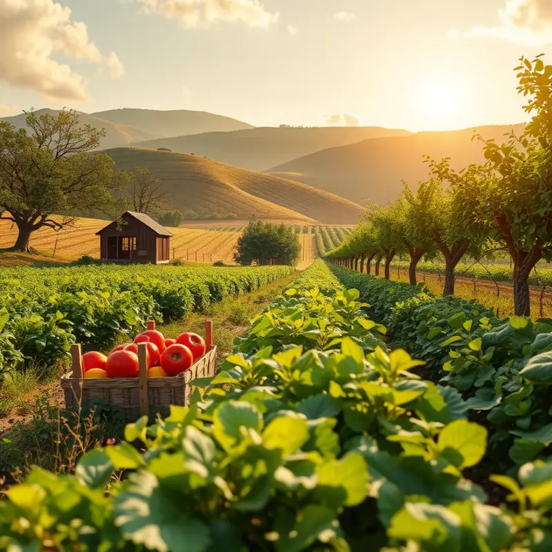 A picturesque sunlit field abundant with vibrant vegetables and fruits.