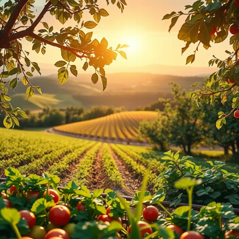 A sunlit field filled with vibrant vegetables and fruits, symbolizing the abundance of plant-based nutrition.