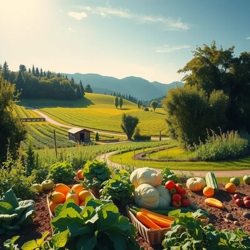 A sunlit field showcasing the bountiful beauty of organic fruits and vegetables.