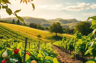 A scenic view of a sunlit field with vibrant vegetables and fruits growing among lush greenery.