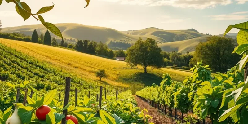 A scenic view of a sunlit field with vibrant vegetables and fruits growing among lush greenery.