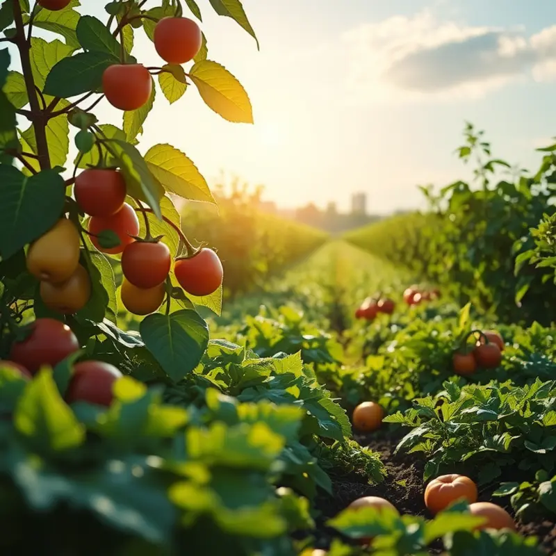 A vibrant sunlit field showing an abundance of organic produce.
