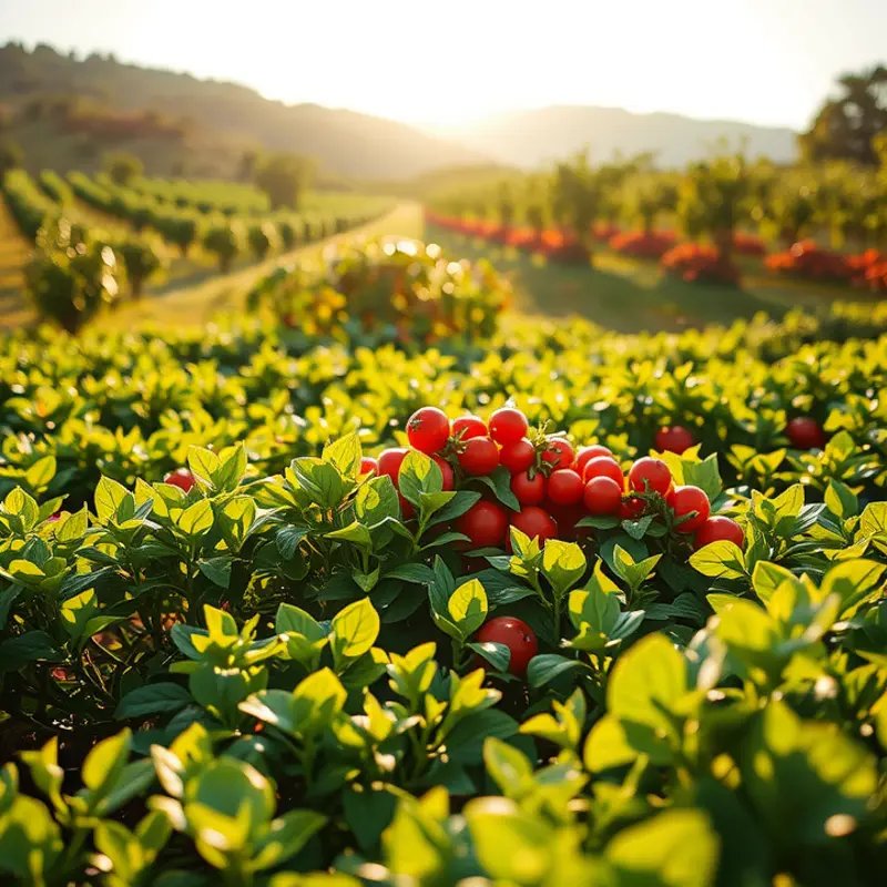 A serene sunlit orchard showcasing vibrant vegetables and fruits amidst lush greenery.