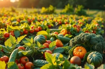 A scenic view of a sunny field with lush greenery and organic produce growing naturally.