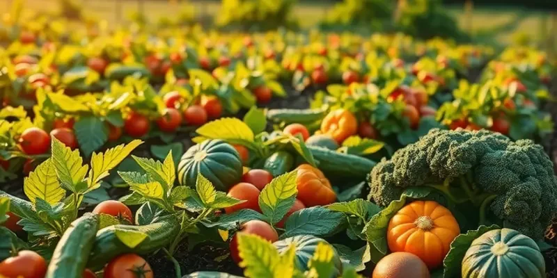 A scenic view of a sunny field with lush greenery and organic produce growing naturally.