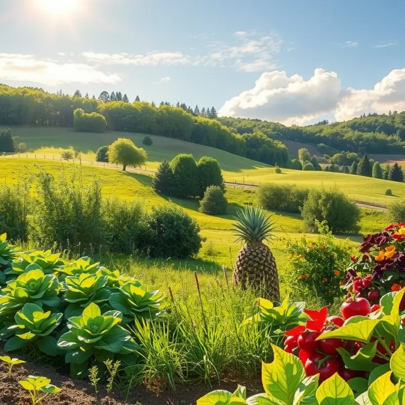 A sunlit orchard abundant with vibrant fruits and vegetables, symbolizing fresh meal options.