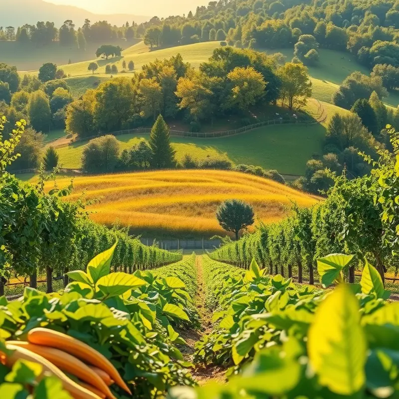 A picturesque sunlit field filled with vibrant vegetables and fruits, symbolizing the abundance of organic produce.