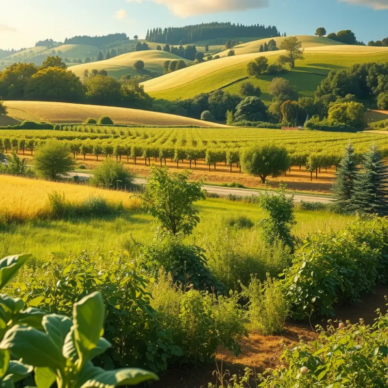 A vibrant sunlit orchard showcasing rich vegetables and fruits, embodying fresh, organic produce.
