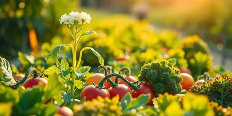 A beautiful sunlit field filled with fresh vegetables and fruits, emphasizing natural nutrition.