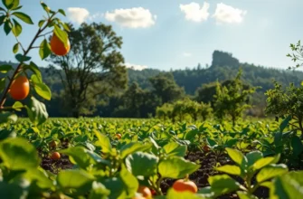 A photorealistic landscape depicting a lush field with vibrant vegetables and fruits.