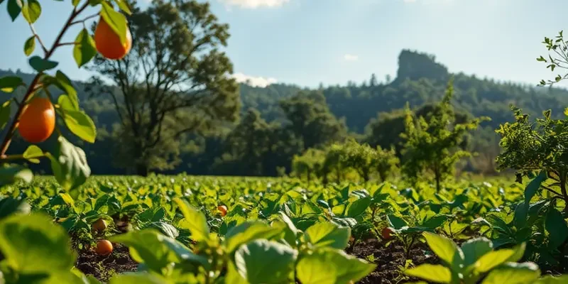 A photorealistic landscape depicting a lush field with vibrant vegetables and fruits.