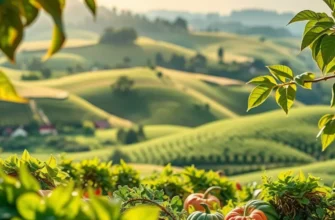 A colorful sunlit field abundance of fresh vegetables and fruits surrounded by lush greenery.