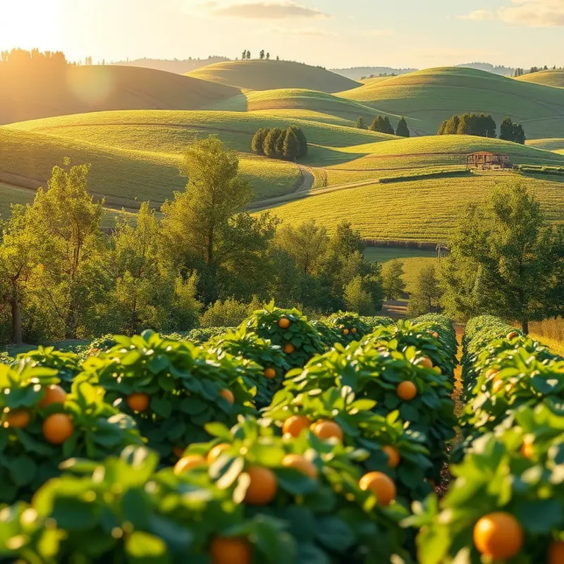 A vibrant sunlit field filled with fresh vegetables and fruits, emphasizing organic abundance.