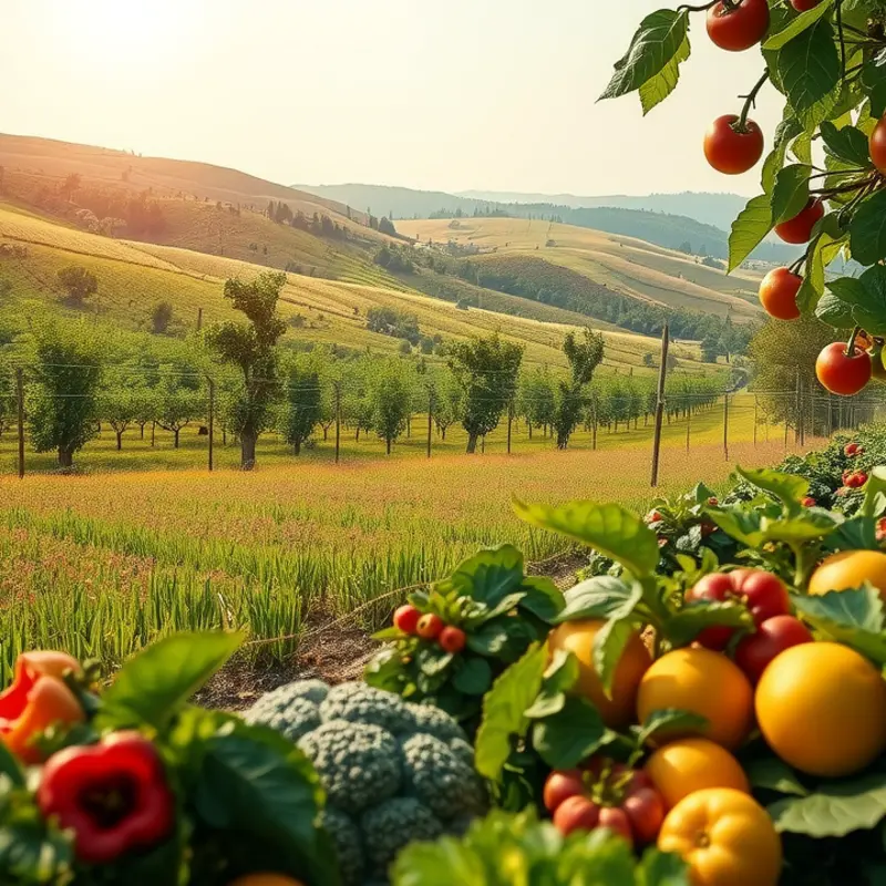 A vibrant sunlit field showcasing fresh, organic vegetables and fruits.