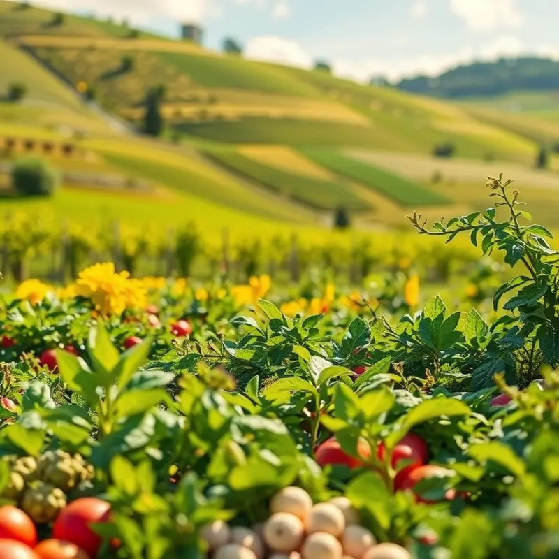 A vibrant orchard lush with organic fruits and vegetables under a sunlit sky.