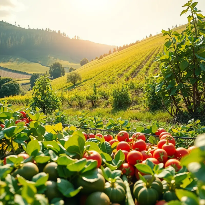 A sunlit orchard showcasing vibrant vegetables and fruits in a natural landscape.