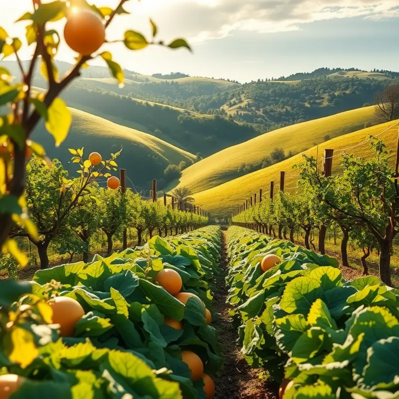 A sunlit field showcasing vibrant vegetables and lush greenery.