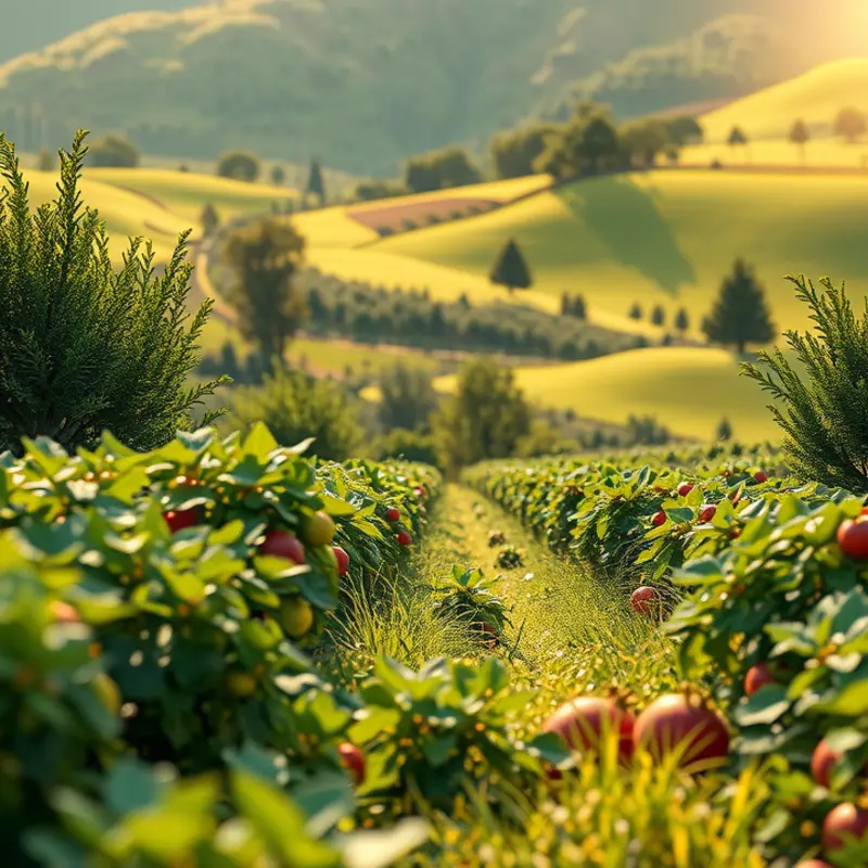 A sunlit field showcasing the abundance of organic vegetables and fruits.