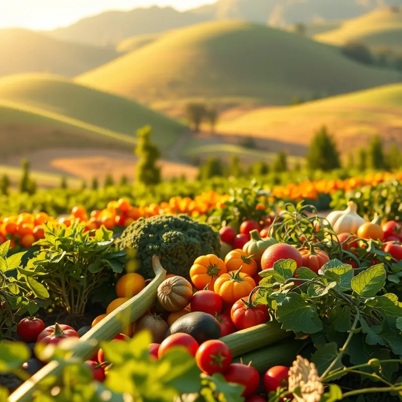 A sunlit orchard filled with vibrant vegetables and fruits, representing wholesome ingredients for emotional self-care.