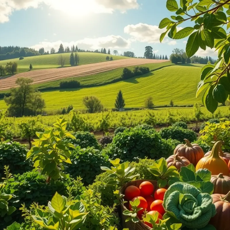 A beautiful sunlit field filled with vibrant, organic vegetables and fruits.