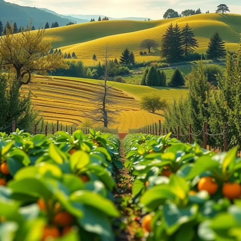 A vibrant sunlit field showing an abundance of fruits and vegetables.