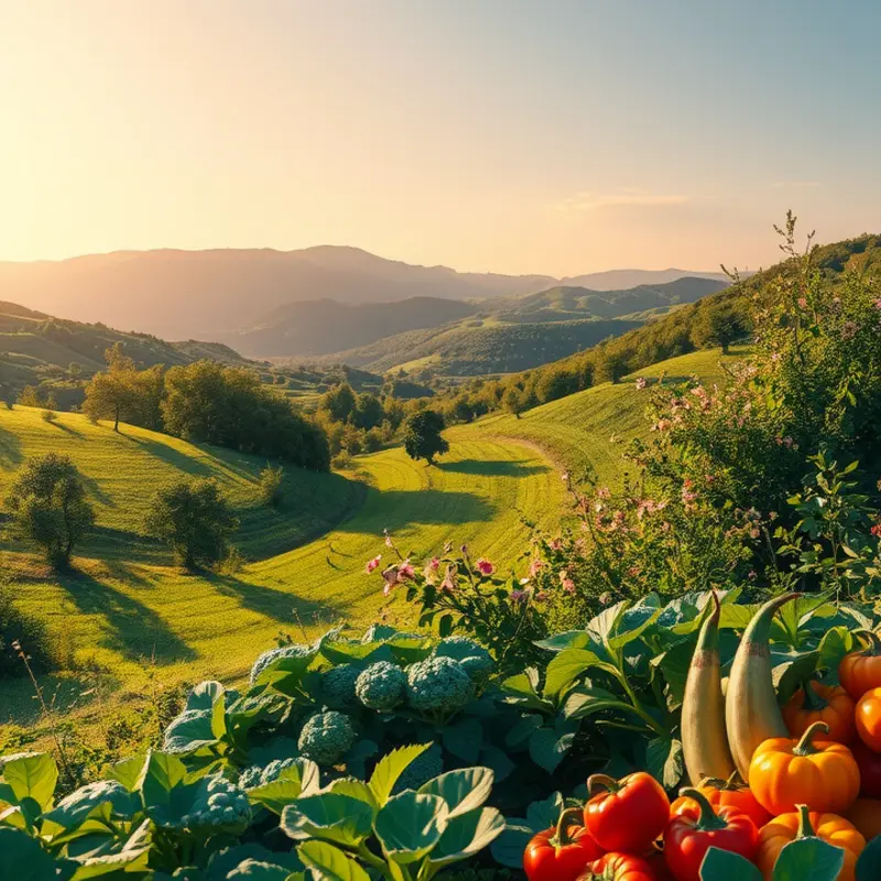A vibrant sunlit field with thriving herbs and vegetables.