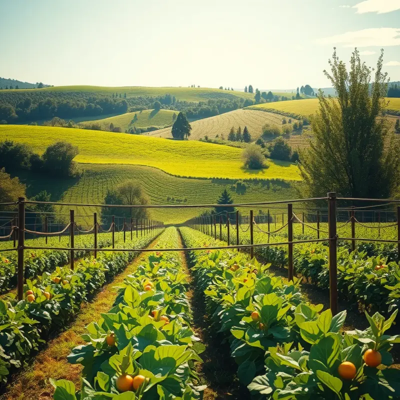 A lush, sunlit field with thriving organic fruits and vegetables.