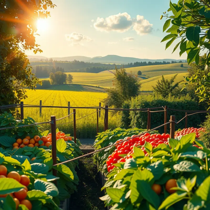 A vibrant, sunlit field showcasing a bounty of organic fruits and vegetables.