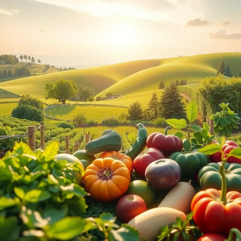 A serene sunlit landscape showcasing organic vegetables and fruits in a lush, vibrant setting.