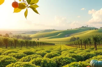 A serene sunlit landscape rich with organic vegetables and fruits, promoting the theme of healthy nourishment.