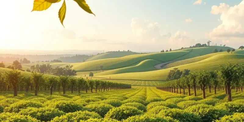 A serene sunlit landscape rich with organic vegetables and fruits, promoting the theme of healthy nourishment.