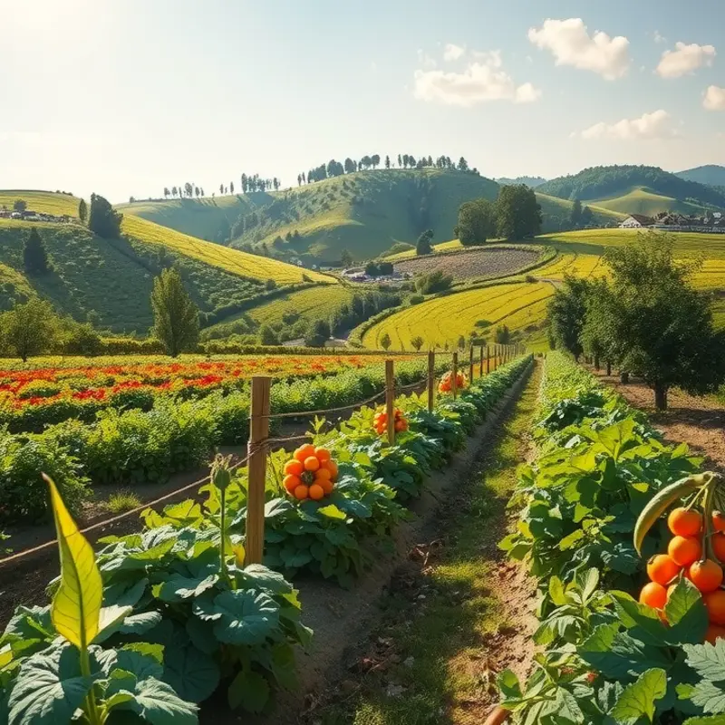 A vibrant sunlit field showcasing the abundance of organic fruits and vegetables.