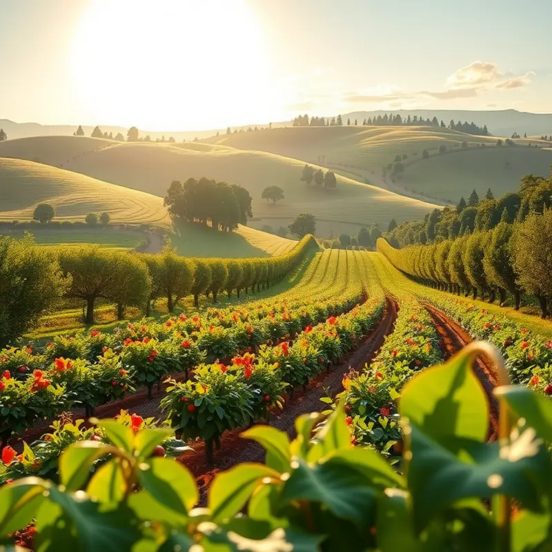 A sunlit field showcasing vibrant vegetables and fruits, representing freshness in cooking.