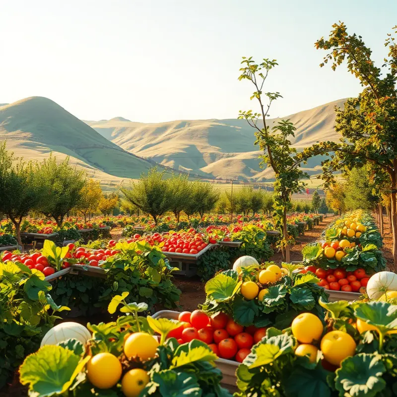 A sunlit field showcasing vibrant vegetables and fruits.
