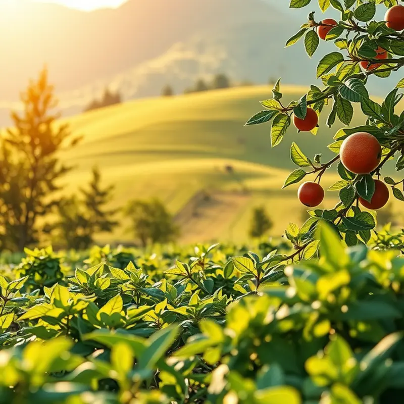 A vibrant, sunlit field showcasing fresh fruits and vegetables.