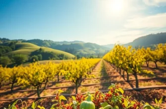 A tranquil sunlit field displaying an array of organic vegetables and fruits.