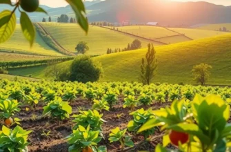 A picturesque field with an array of fresh vegetables and fruits bathed in sunlight