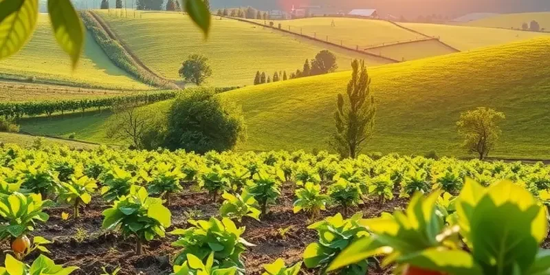 A picturesque field with an array of fresh vegetables and fruits bathed in sunlight