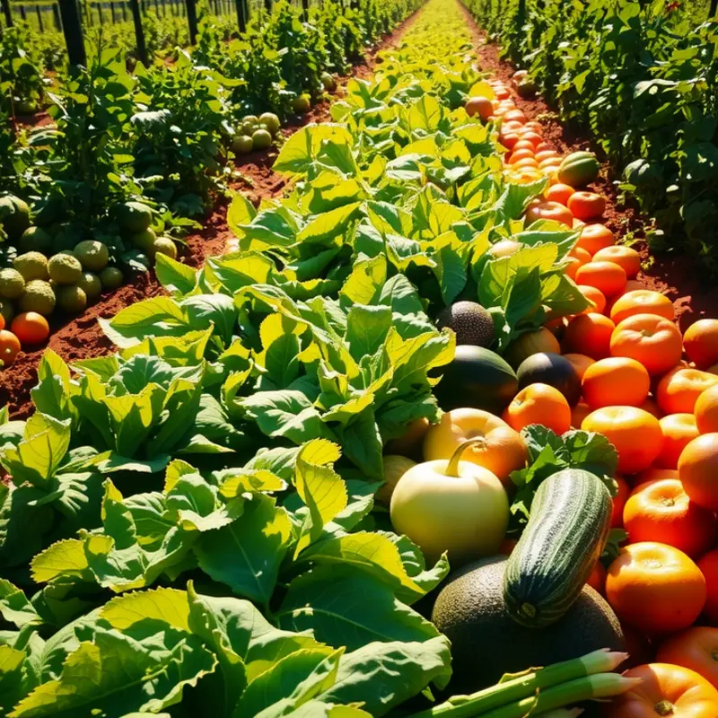 A vibrant sunlit field filled with healthy organic produce.