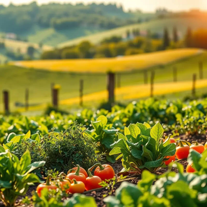 A vibrant sunlit field showcasing organic vegetables and fruits.