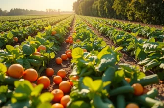 A scenic field showcasing an array of vibrant vegetables and fruits under warm sunlight, symbolizing healthy eating.