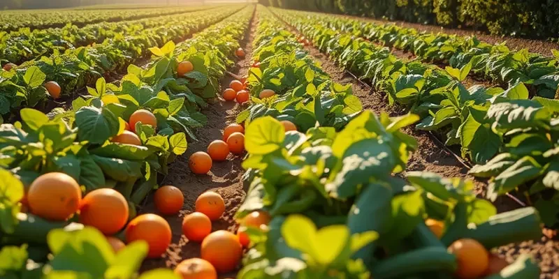 A scenic field showcasing an array of vibrant vegetables and fruits under warm sunlight, symbolizing healthy eating.