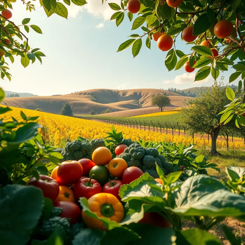 A lush field filled with organic vegetables and fruits, showcasing the beauty of nature.