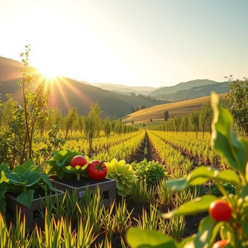 A sunlit field full of vibrant vegetables and fruits growing in harmony with nature.